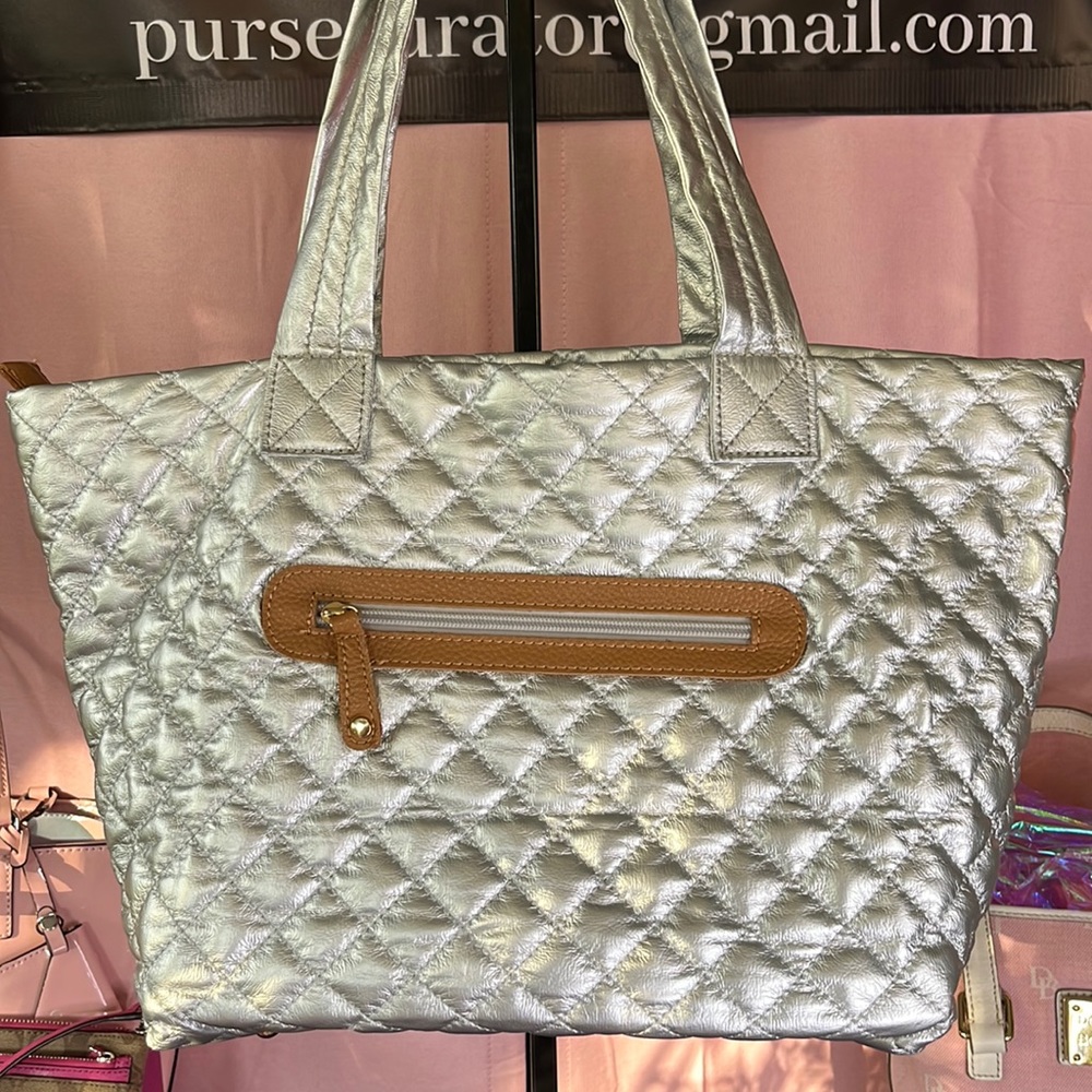 Nylon Tote in silver with tan leather trim